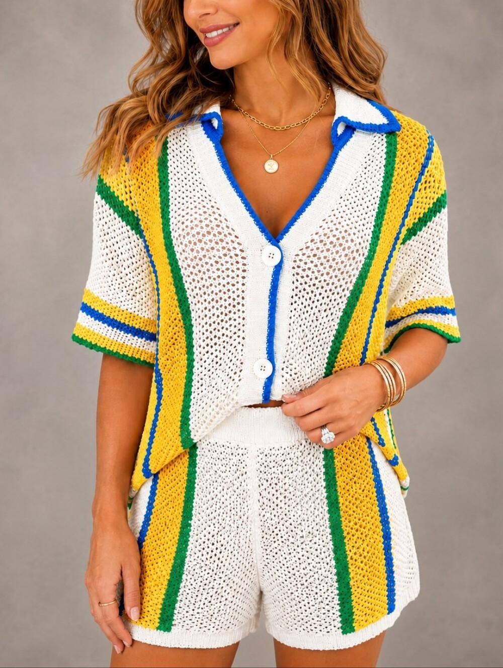 Crochet Knit 2 Piece Shorts Set XL Coastal Resort Vacation Matching Set